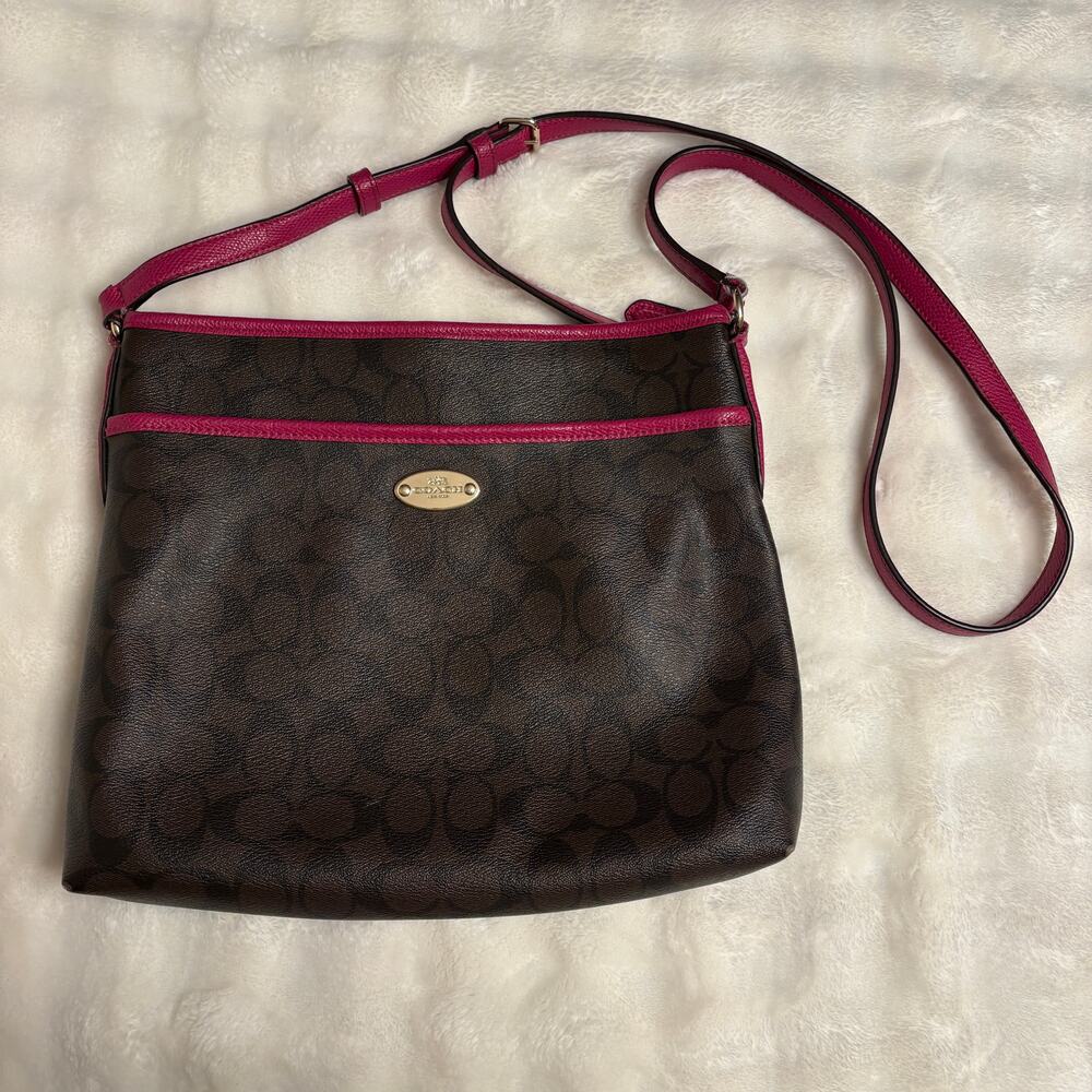 Coach Signature File Bag Purse Brown & Raspberry Zipper Closure